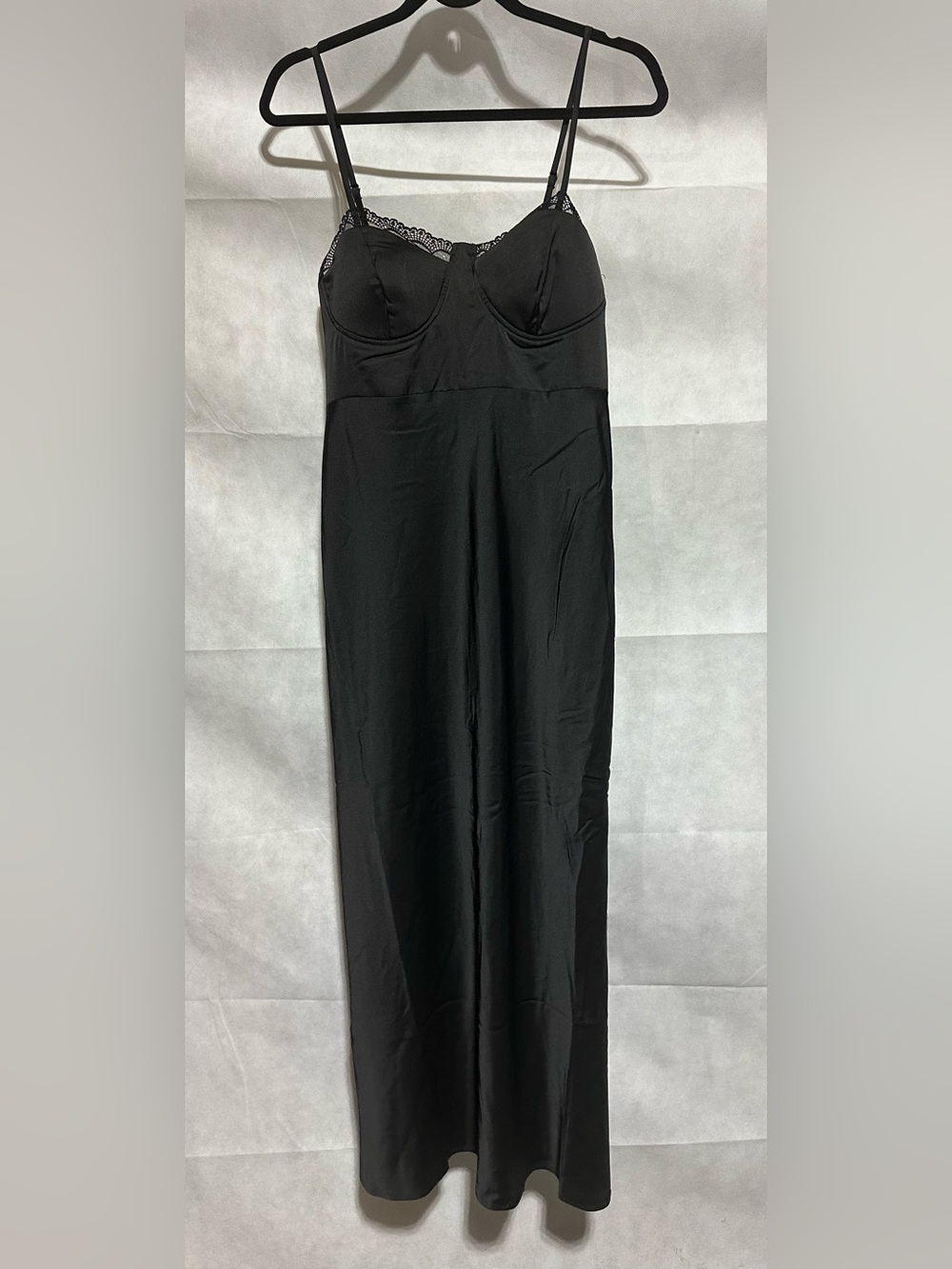 Black Satin Maxi Slip Dress Babydoll Lace Sz M Fairycore Silky 90s Whimsigoth